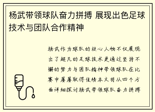 杨武带领球队奋力拼搏 展现出色足球技术与团队合作精神