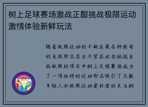 树上足球赛场激战正酣挑战极限运动激情体验新鲜玩法