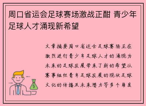 周口省运会足球赛场激战正酣 青少年足球人才涌现新希望