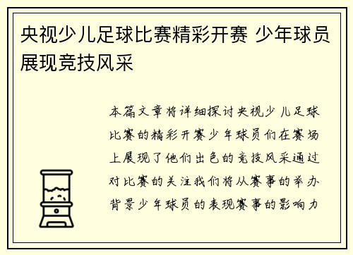 央视少儿足球比赛精彩开赛 少年球员展现竞技风采