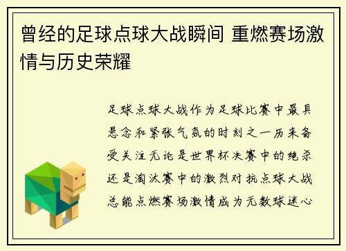 曾经的足球点球大战瞬间 重燃赛场激情与历史荣耀