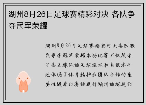 湖州8月26日足球赛精彩对决 各队争夺冠军荣耀