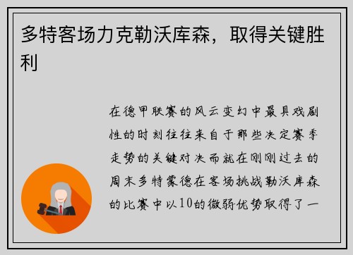 多特客场力克勒沃库森,取得关键胜利