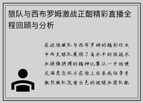 狼队与西布罗姆激战正酣精彩直播全程回顾与分析
