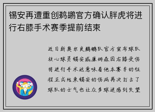 锡安再遭重创鹈鹕官方确认胖虎将进行右膝手术赛季提前结束