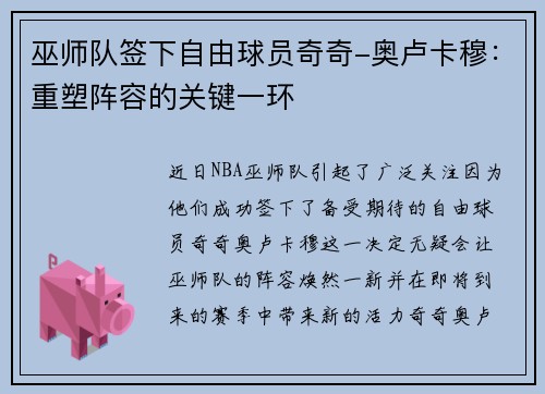巫师队签下自由球员奇奇-奥卢卡穆：重塑阵容的关键一环