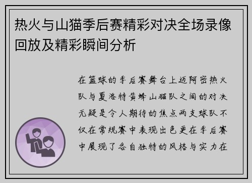 热火与山猫季后赛精彩对决全场录像回放及精彩瞬间分析