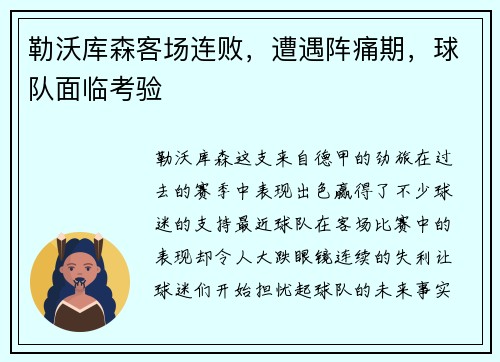 勒沃库森客场连败，遭遇阵痛期，球队面临考验