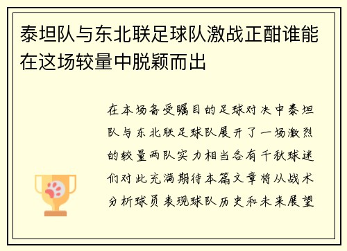 泰坦队与东北联足球队激战正酣谁能在这场较量中脱颖而出