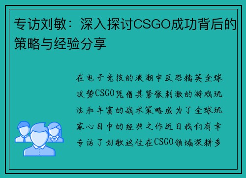 专访刘敏：深入探讨CSGO成功背后的策略与经验分享