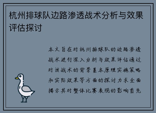 杭州排球队边路渗透战术分析与效果评估探讨